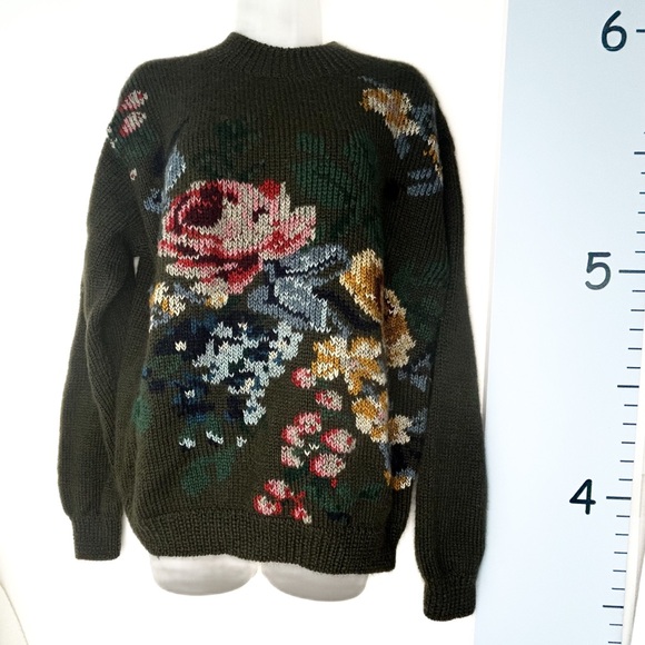 Jones New York Dark Green Floral Wool Hand-Knit Sweater Small - Picture 1 of 14